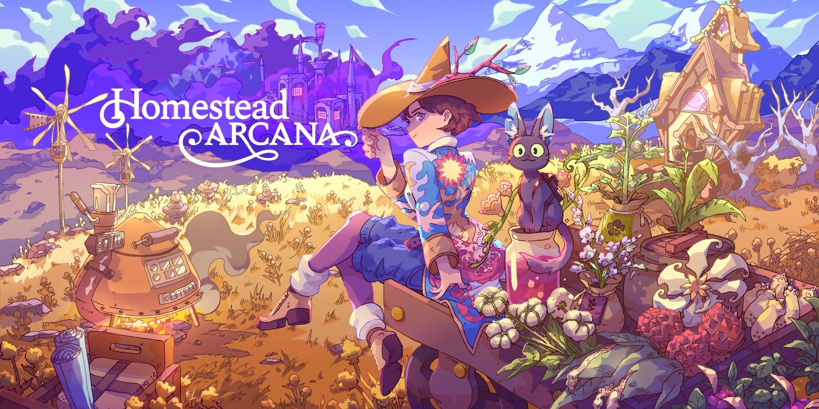 Homestead Arcana keyart showing a player with the cat Huckleberry sitting on a wagon with fields and Miasma in the background