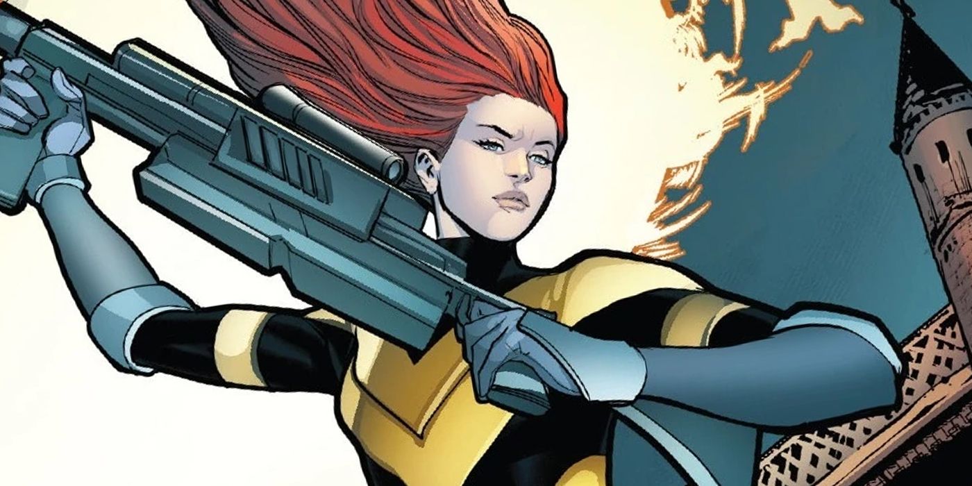 Hope Summers holding a gun while dropping from the sky from Marvel Comics