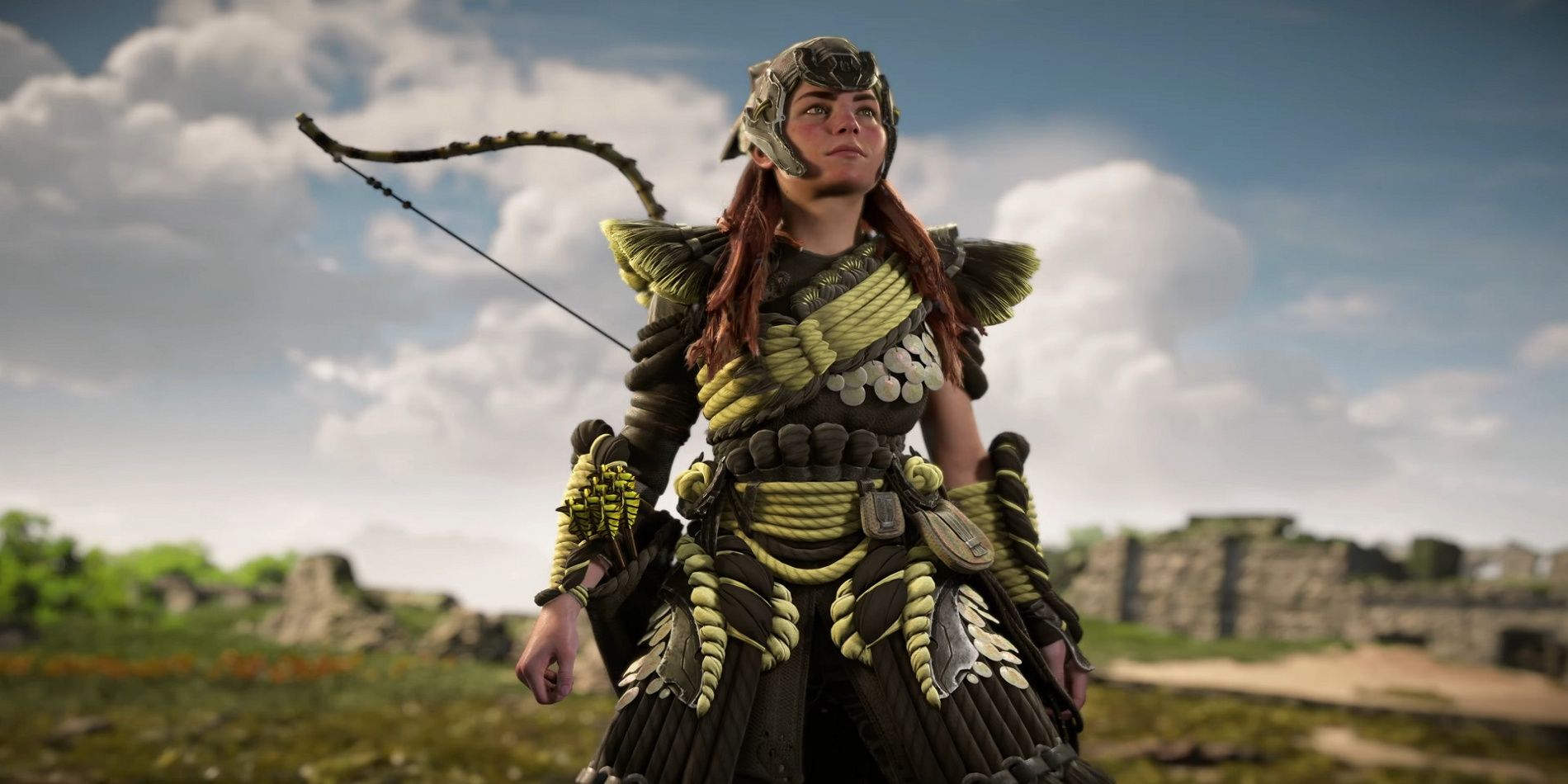 Aloy usando o Blacktide Dye Outfit e o Blacktide Sharpshot Bow em Horizon Burning Shores