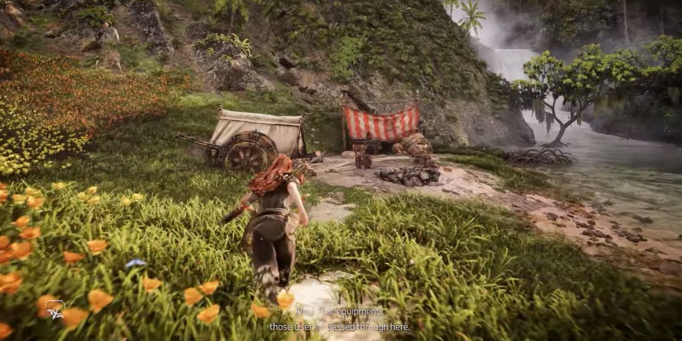 Horizon Forbidden West: Burning Shores - Aloy se aproximando de uma tenda listrada em um campo