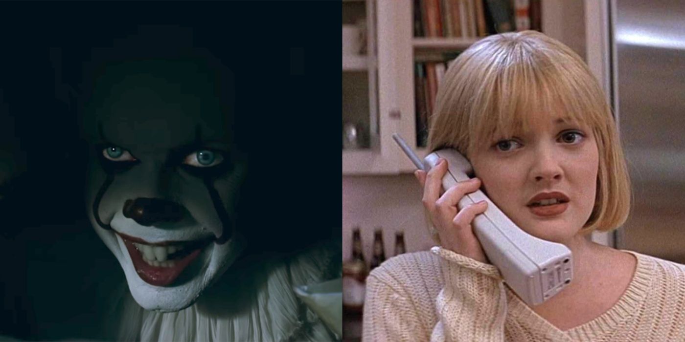 Pennywise in the sewer in It and Drew Barrymore on the phone in Scream. 