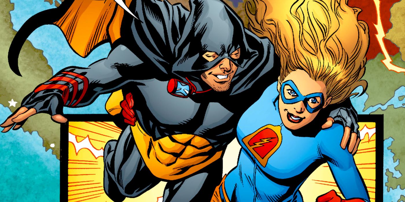 Hourman and Liberty Belle flying together in JSA comics