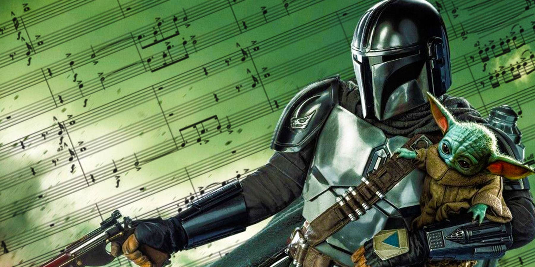 On the right, Din Djarin is seen holding Grogu and flying while wielding a blaster. Behind Din, the sheet music for the Mandalorian theme floats.