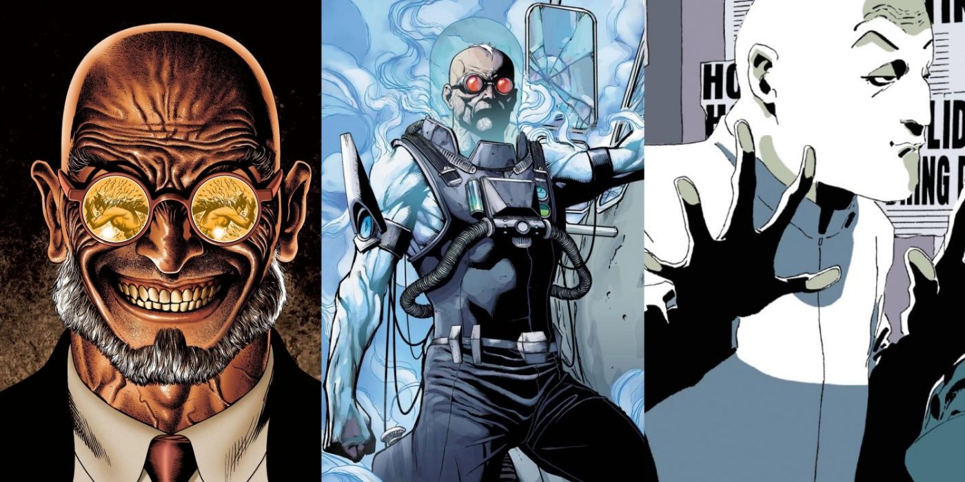 Split image of Batman villains Hugo Strange, Mr. Freeze, and Calendar Man in DC Comics.