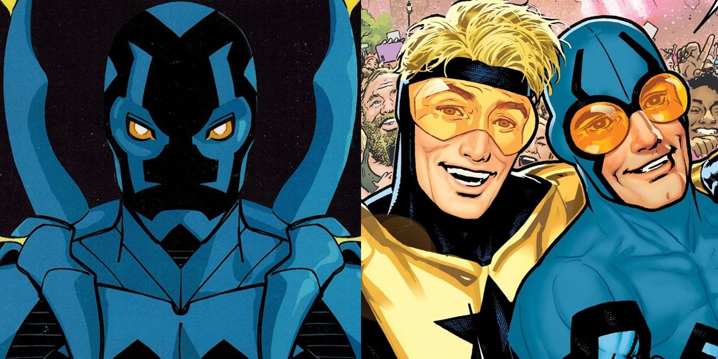 Jaime Reyes Blue Beetle stands alone and Ted Kord poses with Booster Gold in DC Comics