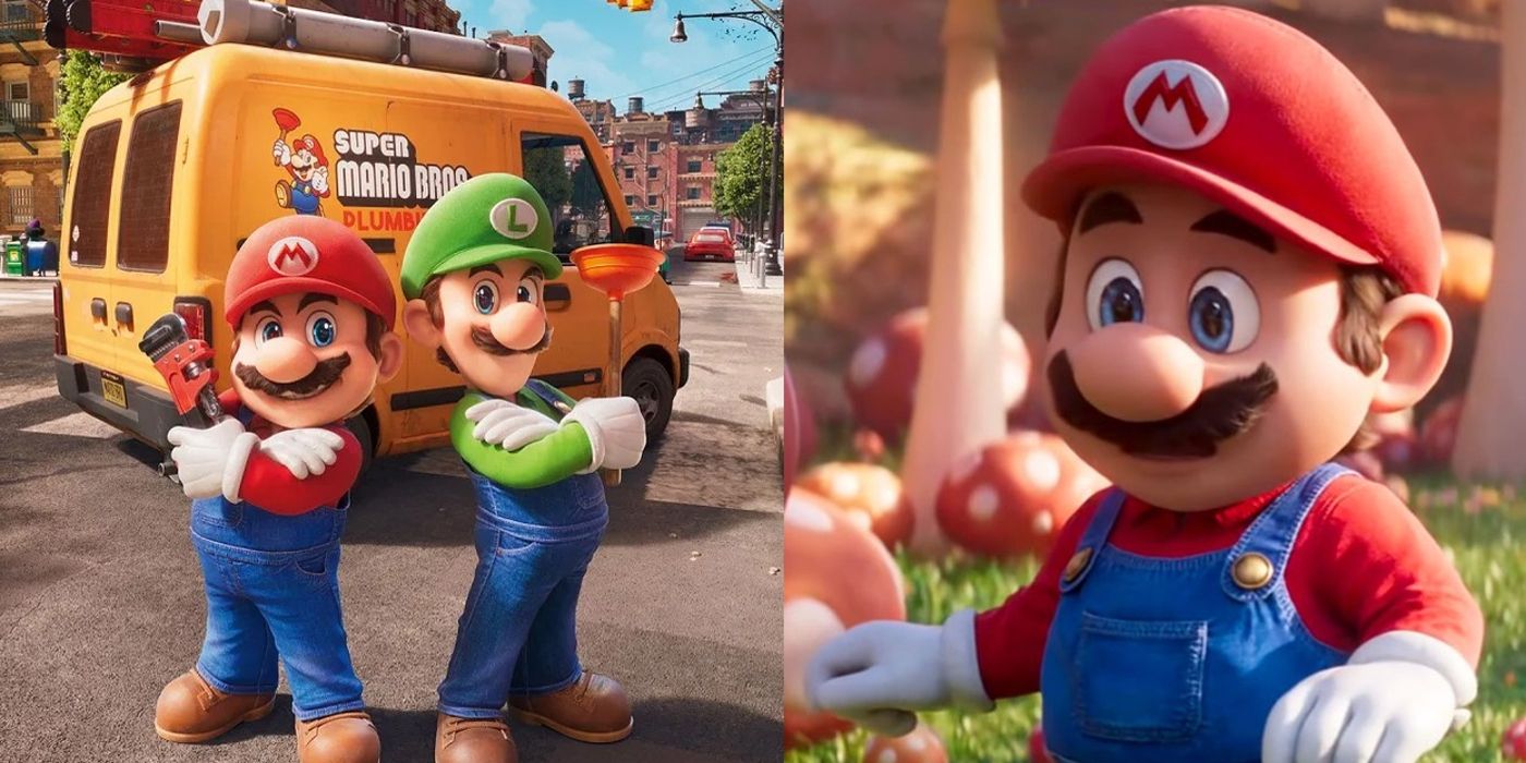 Mario and Luigi pose together and Mario stands in a mushroom field in The Super Mario Bros. Movie