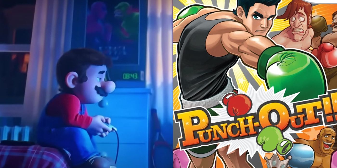 Left: Mario plays video games in The Super Mario Bros. Movie. Right: the cover of Punch Out!! for Nintendo Wii.