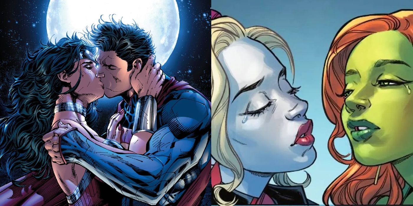 Wonder Woman and Superman kiss under moonlight. A tearful Harley Quinn and Poison Ivy in DC Comics