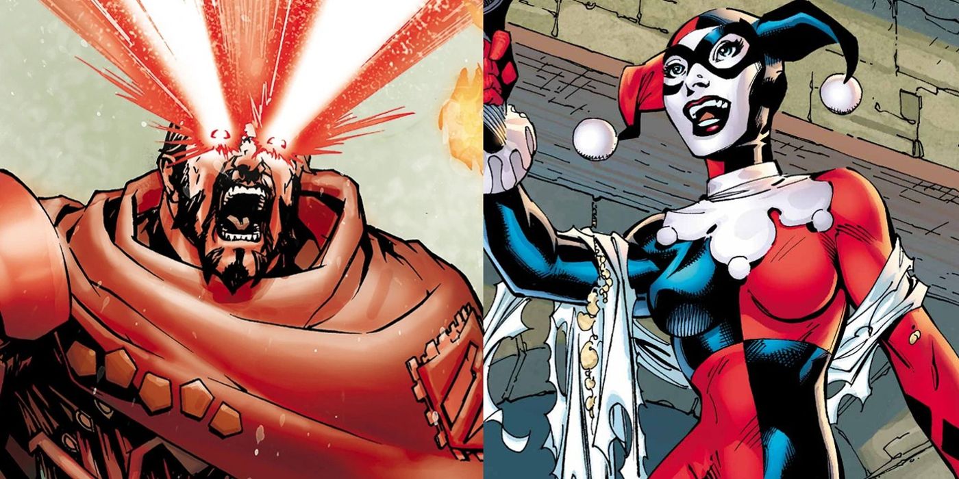 General Zod using heat vision and Harley Quinn holding a gun in DC Comics