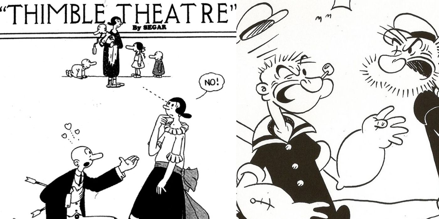 Ham Gravy proposes to Olive and Popeye meets his dad in Thimble Theater comics