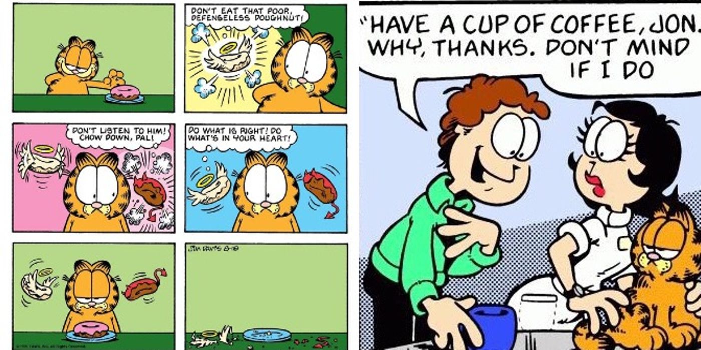 Garfield eats donuts and Jon drinks coffee in colored Garfield comic strips