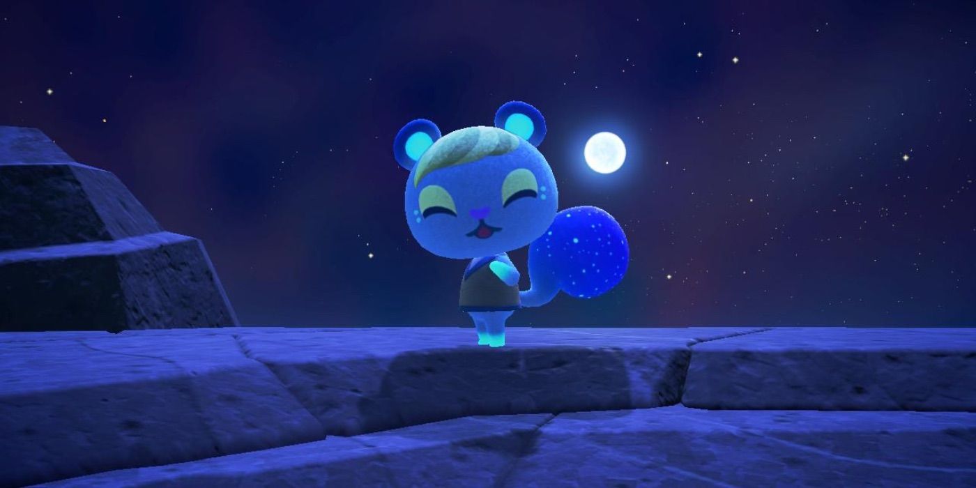 Ione sorrindo ao luar em uma rocha na praia em Animal Crossing New Horizons.