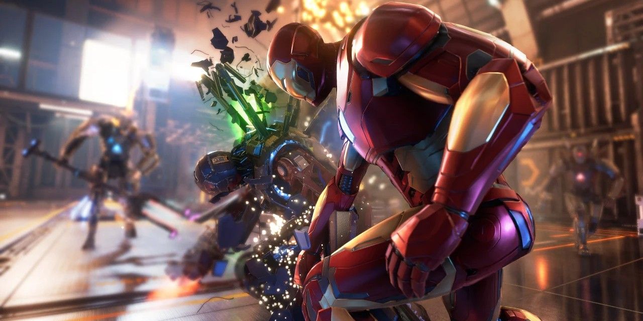 Iron Man kneeling along other Avengers in Marvel's Avengers