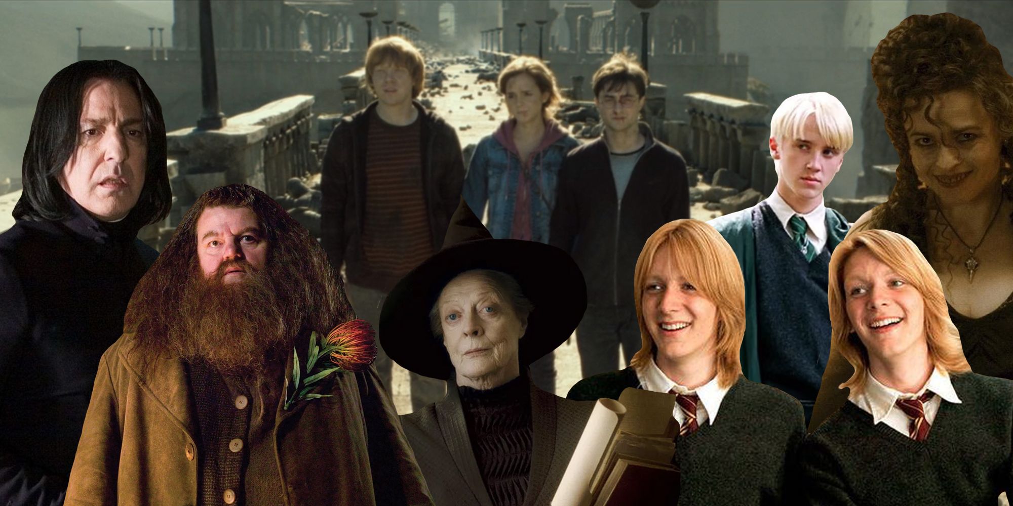 Snape, Hagrid, The Golden Trio, McGonagall, Fred and George, Draco, Bellatrix