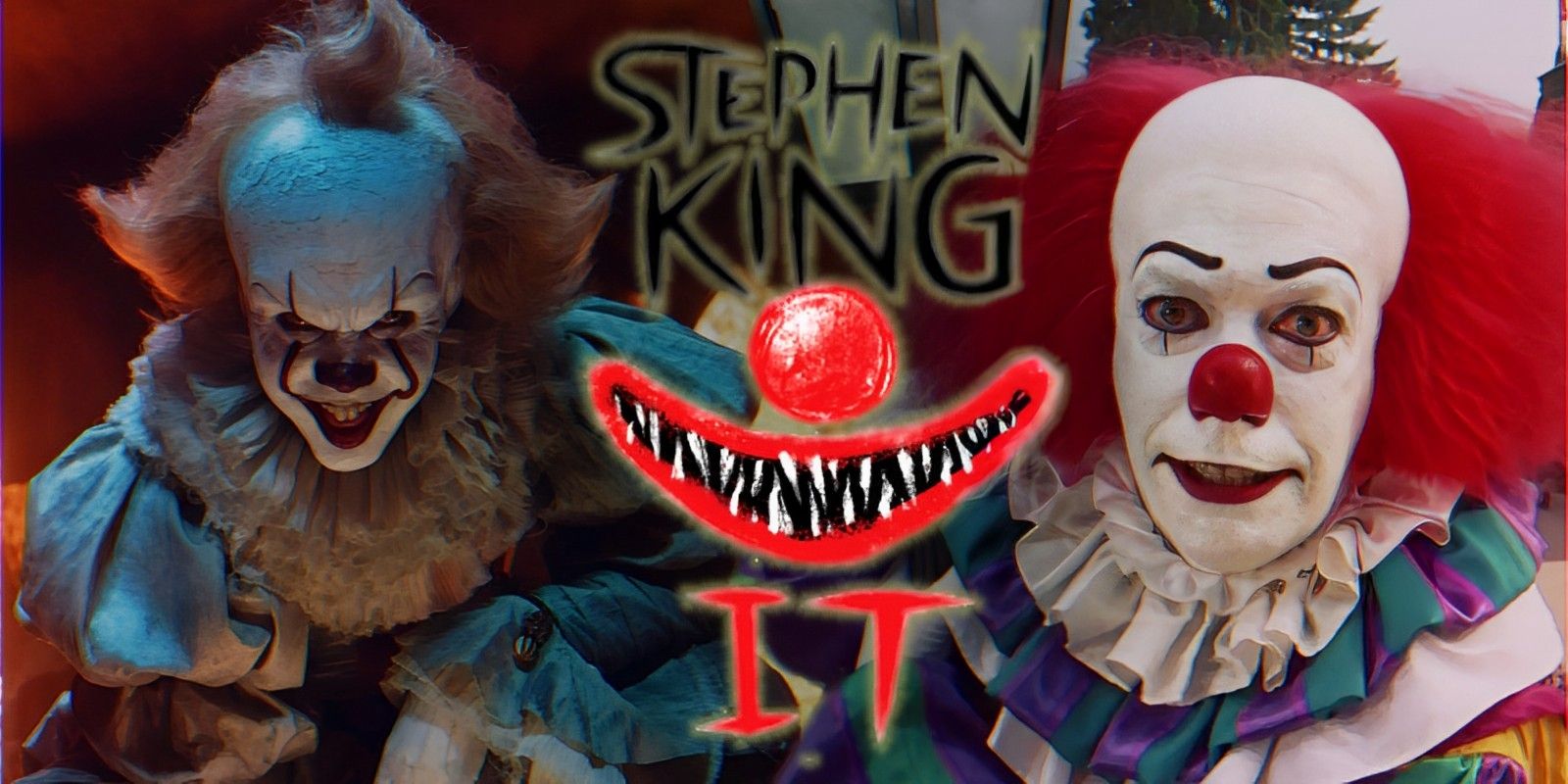 Stephen King’s IT novel cover between Bill Skarsgård’s Pennywise and Tim Curry’s Pennywise.
