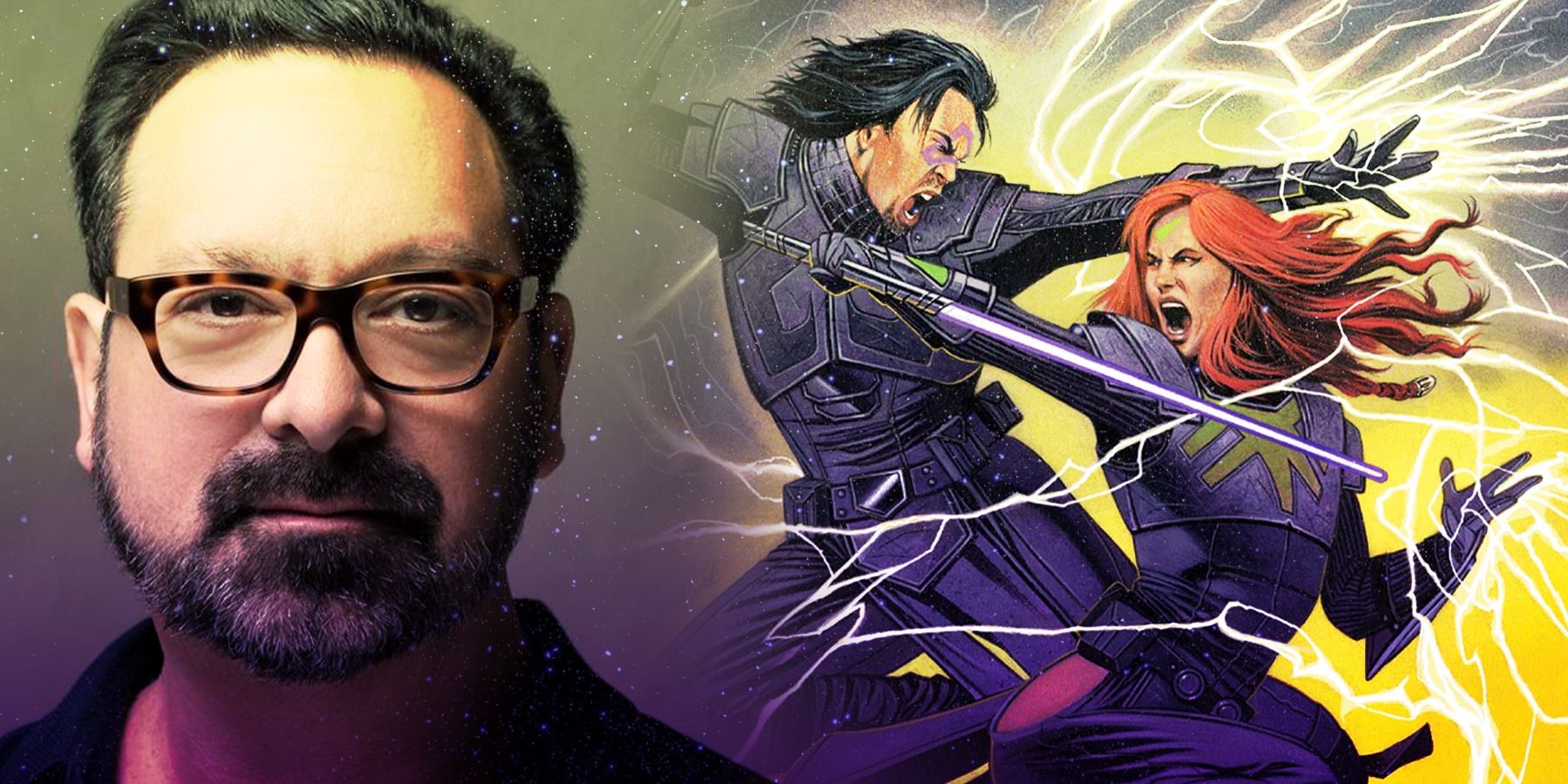 On the left, the director James Mangold. On the right, an illustration from comic 'Dawn of the Jedi; Force War 5' depicting Jedi in battle. 