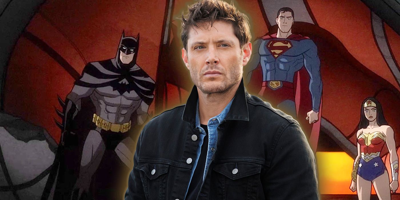 Jensen Ackles (as Dean from The Winchesters) in front of a still from Justice League Warworld featuring Batman, Superman and Wonder Woman.