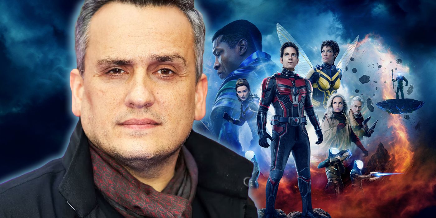 Director Joe Russo beside the poster featuring the main characters of Ant-Man and the Wasp: Quantumania.