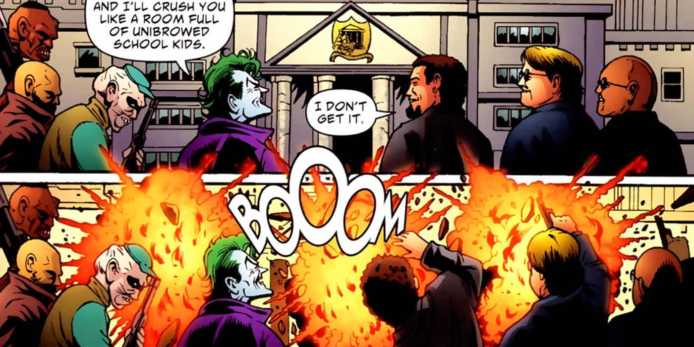 Joker blows up a school filled with kids in Batman Cacophony