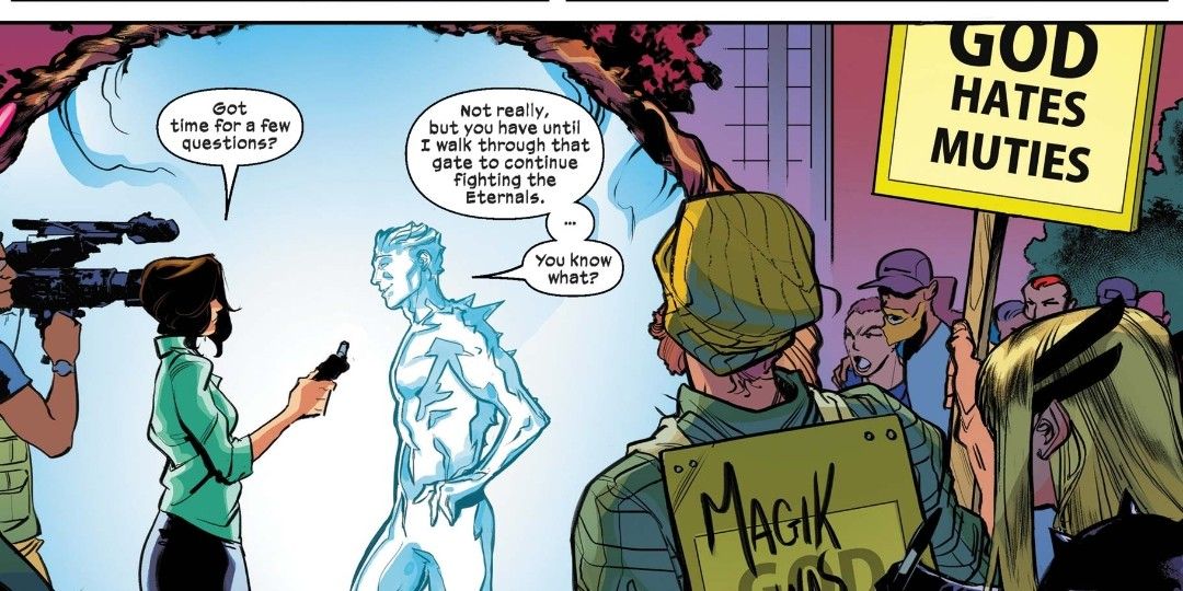 dia do julgamento - iceman faz e entrevista enquanto flanqueado por manifestantes anti-mutantes