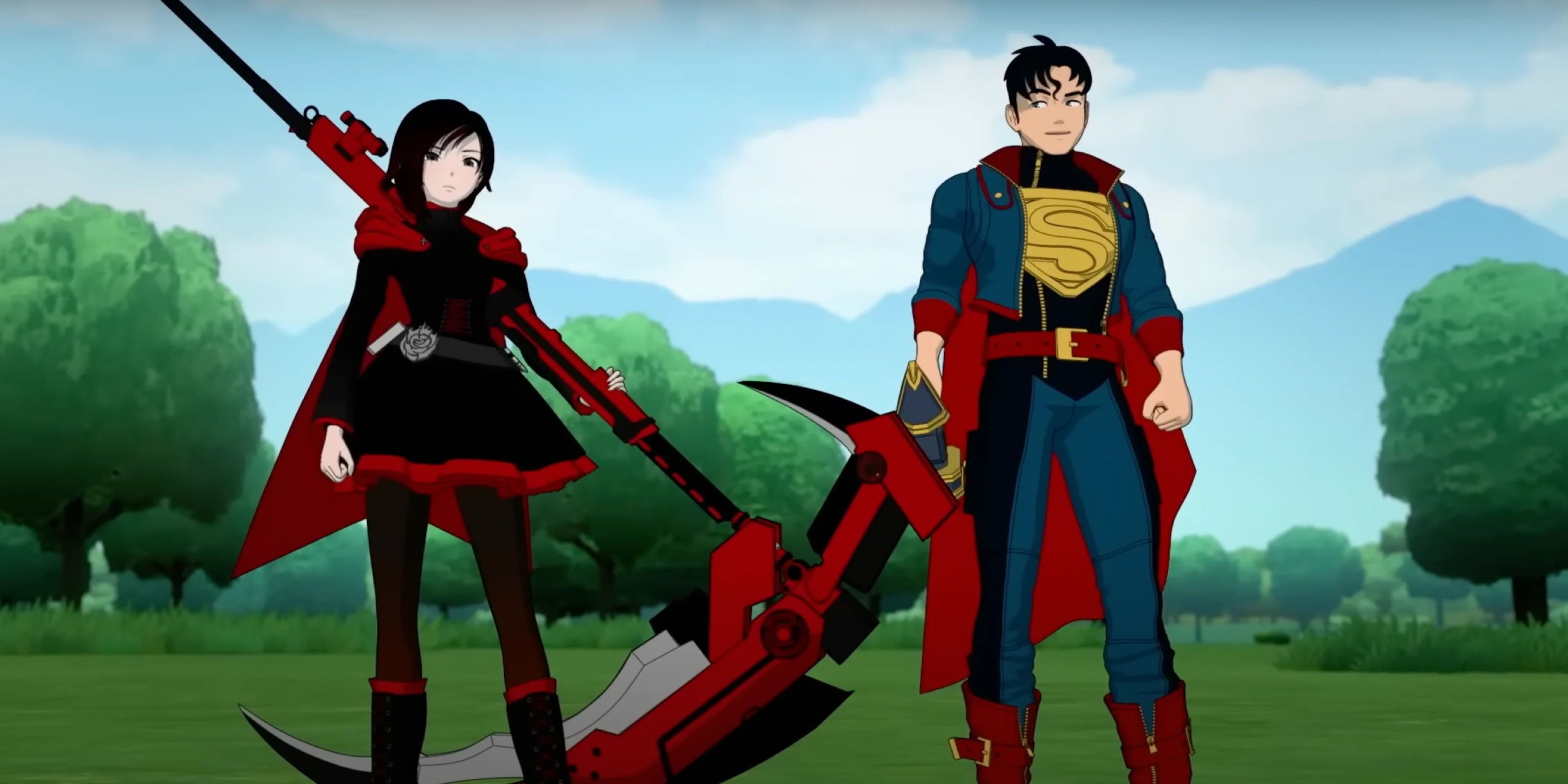 RWBY Ruby stands next to Superman