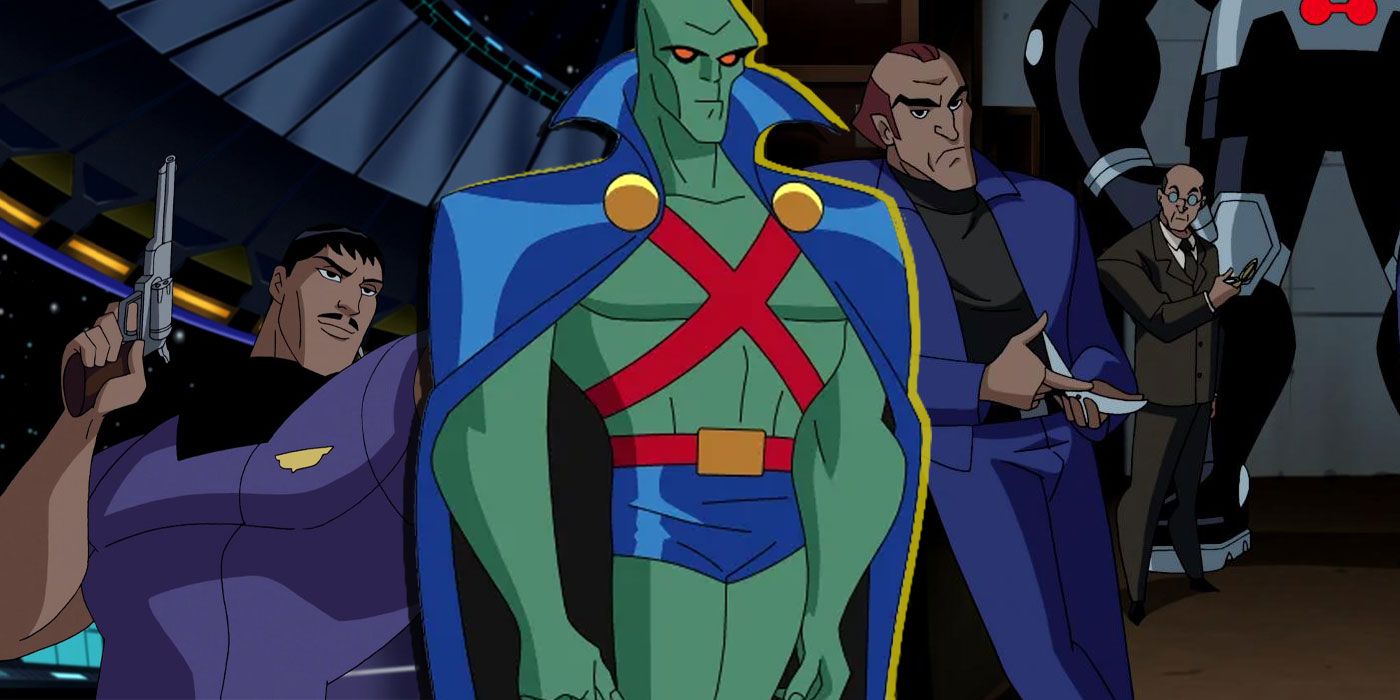 A composed image of JLU's Martian Manhunter infront of Task Force X's Deadshot and Captain Boomerang. 