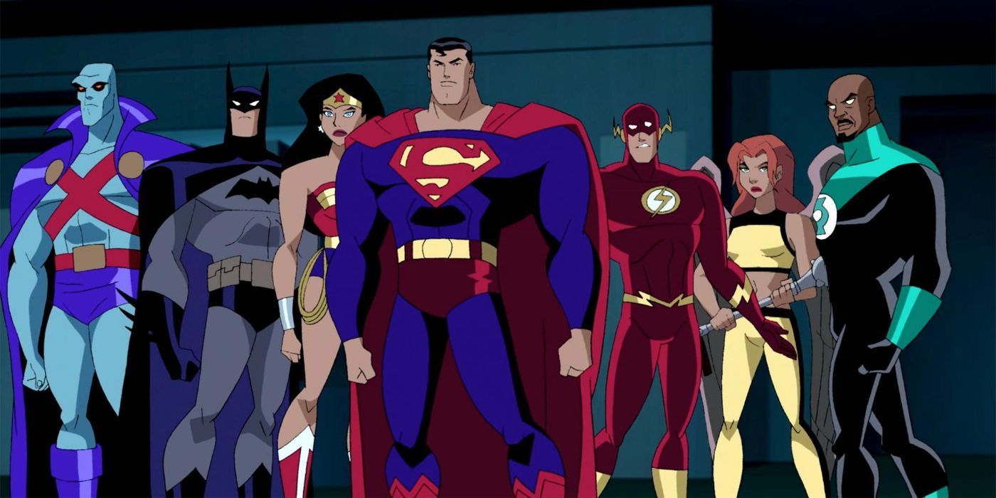 The cast of Justice League Unlimited with Superman at its center