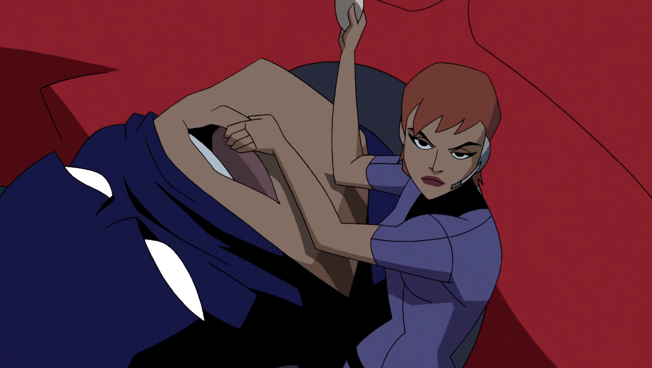 Plastique threatens to turn Atom Smasher into a bomb in Justice League Unlimited's episode 'Task Force X.'