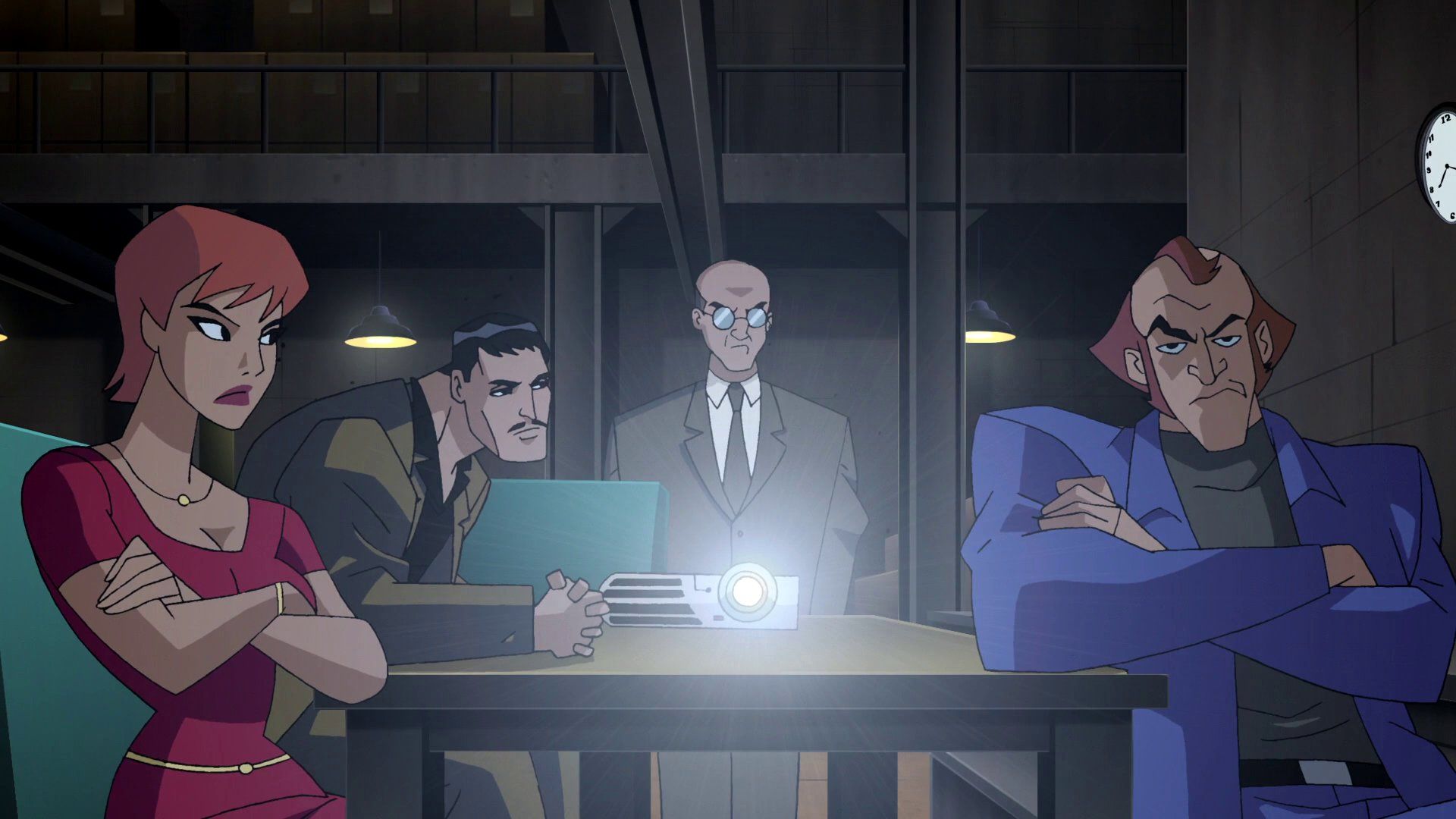 Justice League Unlimited's Task Force X being briefed on their mission to infiltrate the Watchtower. 