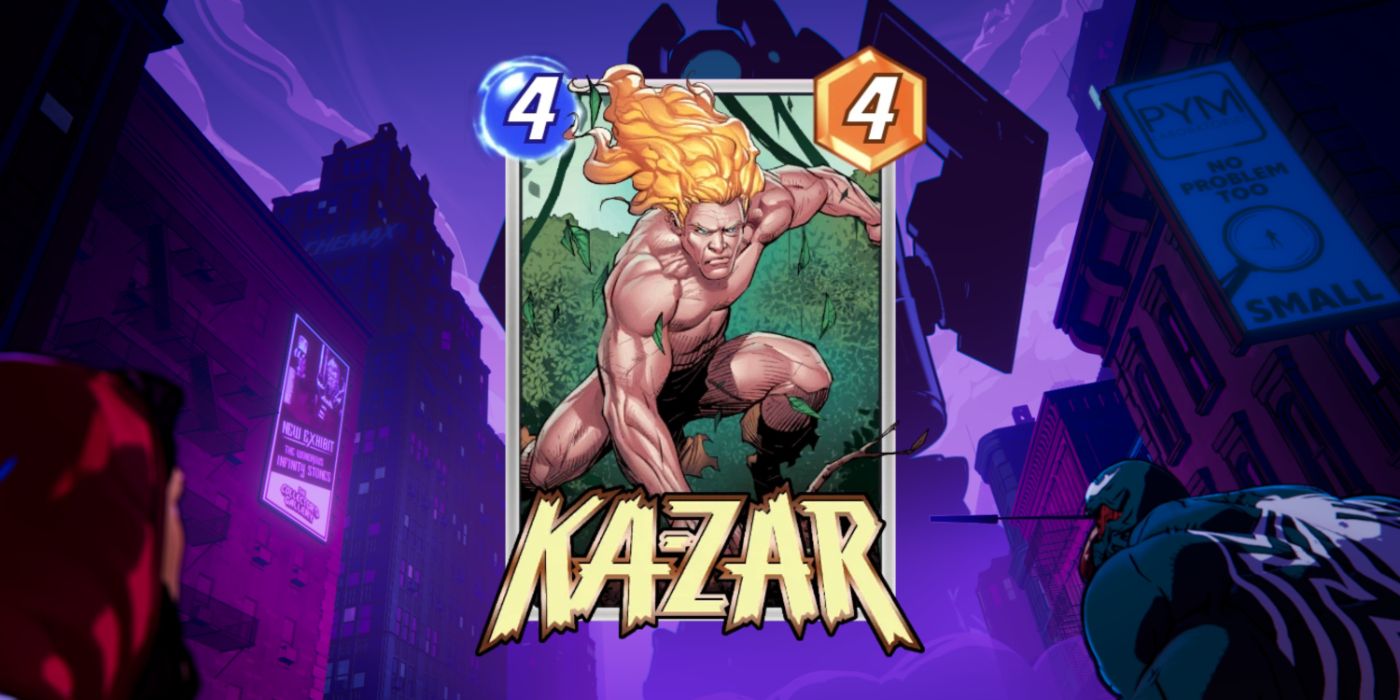 Cartão de Ka-Zar contra um fundo de imagem promocional no Marvel Snap