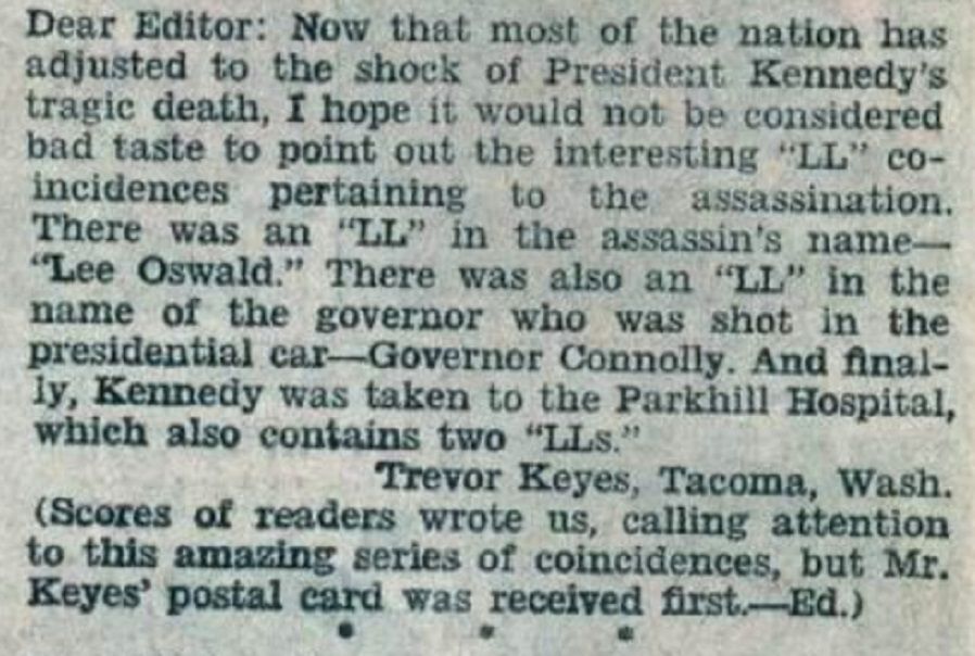 Carta estranha sobre o assassinato do presidente Kennedy e duplo Ls.