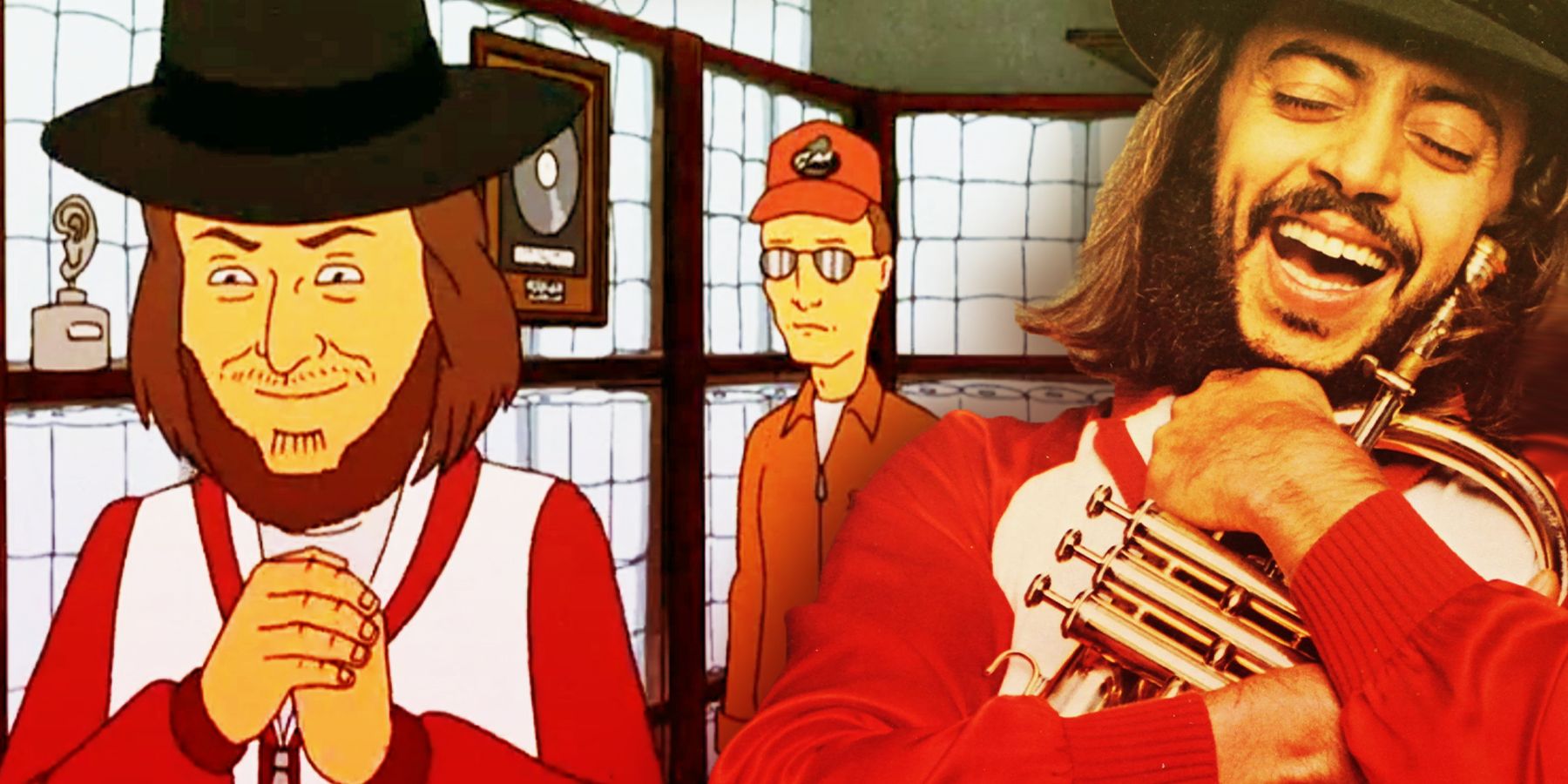 On the right, Chuck Mangione as portrayed in tv show 'King of the Hill' rubs his hands together and smiles as Dale looks on behind him. On the right,  Chuck Mangione from his album cover 'Feels So Good' smiles and hugs his trumpet.