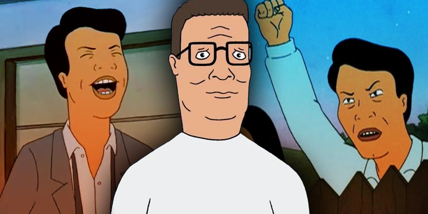 King of the Hill's Hank smiles in front of two images of his neighbor Kahn