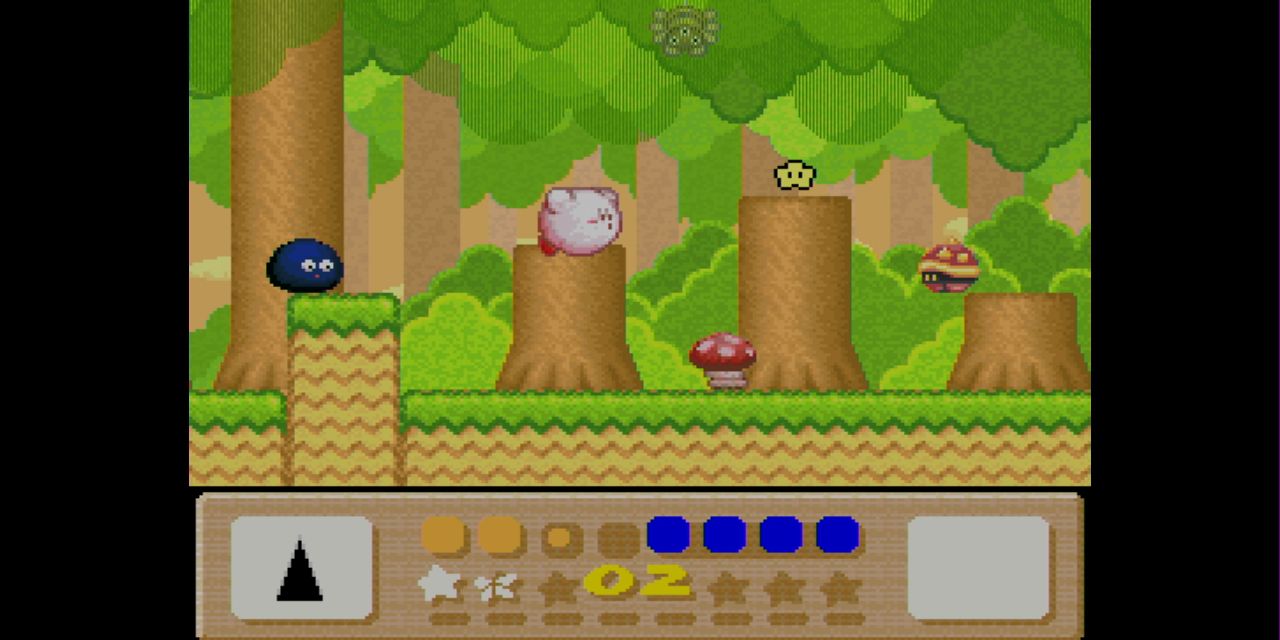 Gooey e Kirby flutuam por um nível de floresta em Kirby's Dream Land 3