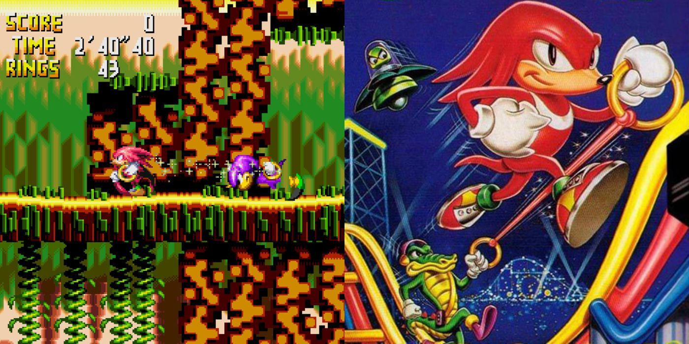 Knuckles e seu amigo correm por um nível amarrado juntos.