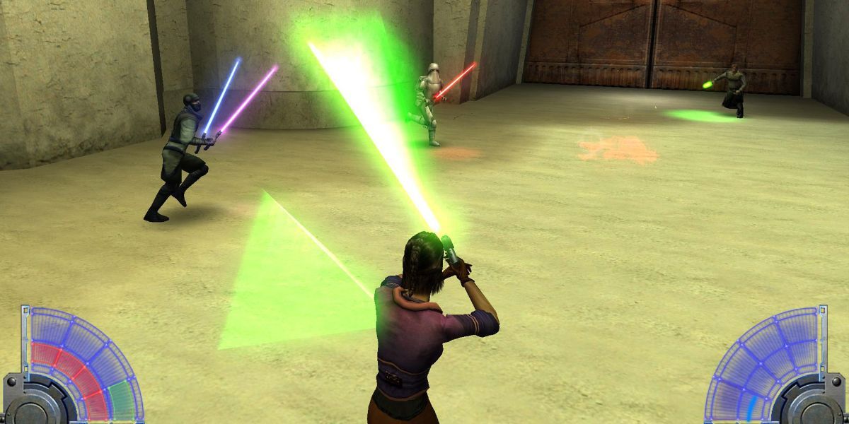 Um estagiário Jedi empunha um sabre de luz verde durante a prática em Jedi Knight: Jedi Academy