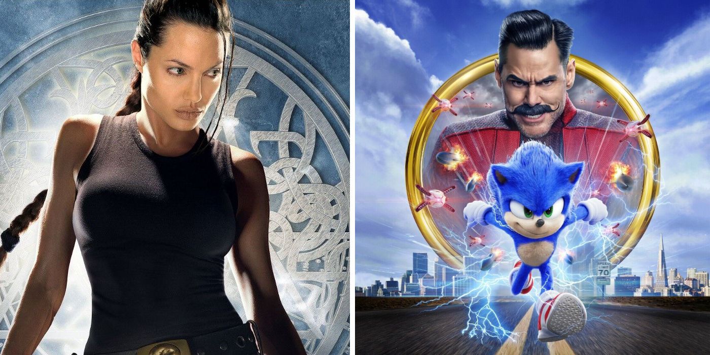 Lara Croft on the movie poster for Lara Croft Tomb Raider and Sonic and Dr. Robotnik on the movie poster for Sonic the Hedgehog