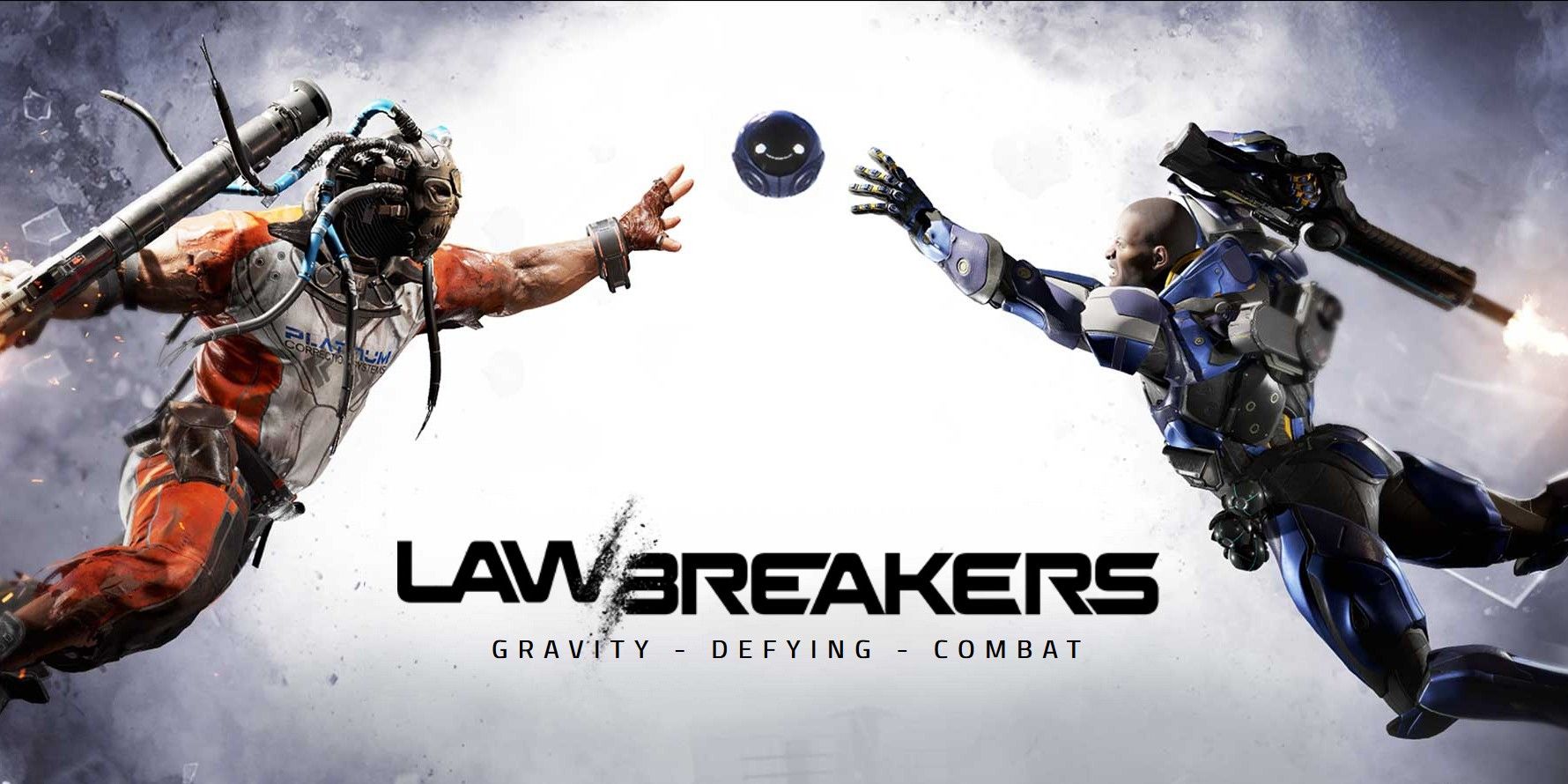 Dois personagens de LawBreakers flutuando e alcançando um ao outro