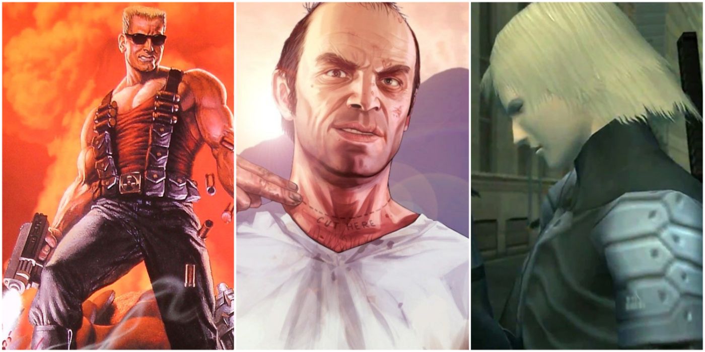 A split image showing Duke Nukem, Trevor Phillips in Grant Theft Auto V, and Raiden in Metal Gear Solid 2: Sons of Liberty