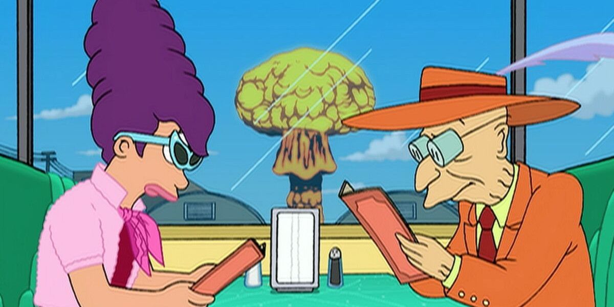 Futurama's Leela and Farnsworth sit in a diner with a mushroom cloud in the background.