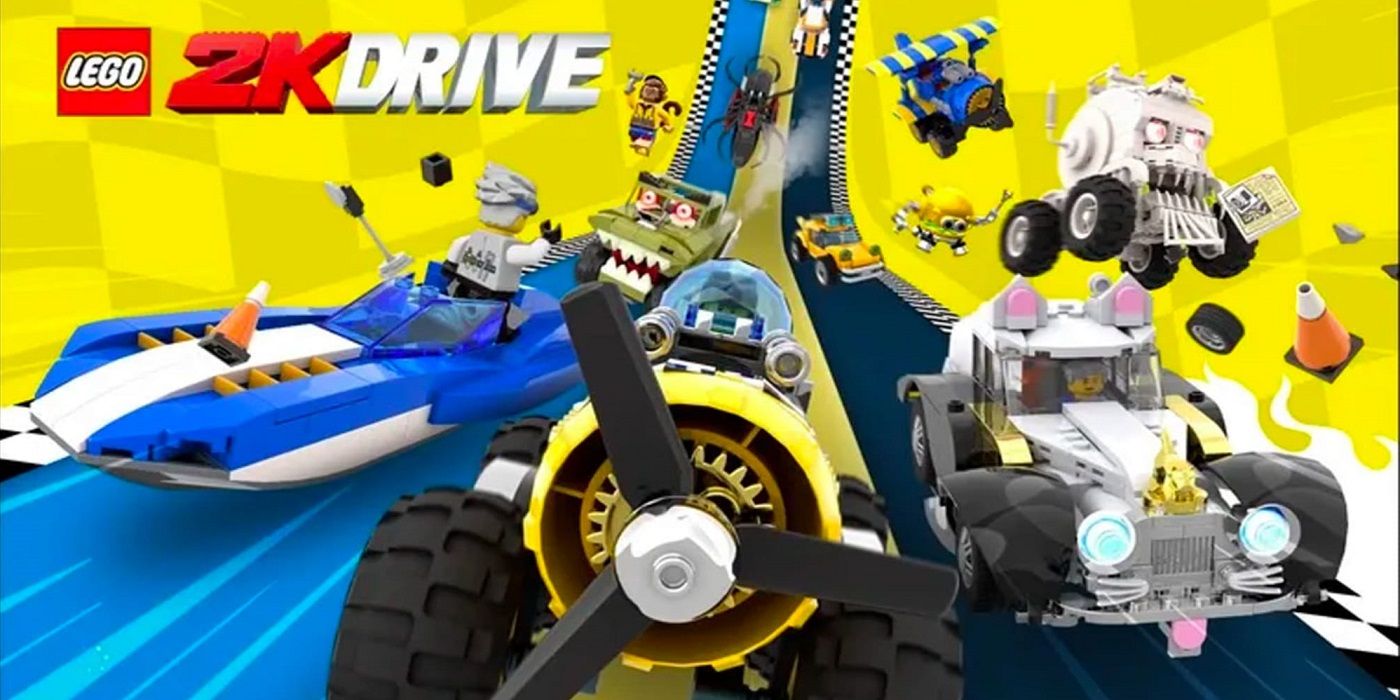 Várias construções LEGO correm ao longo de uma pista em LEGO 2K Drive