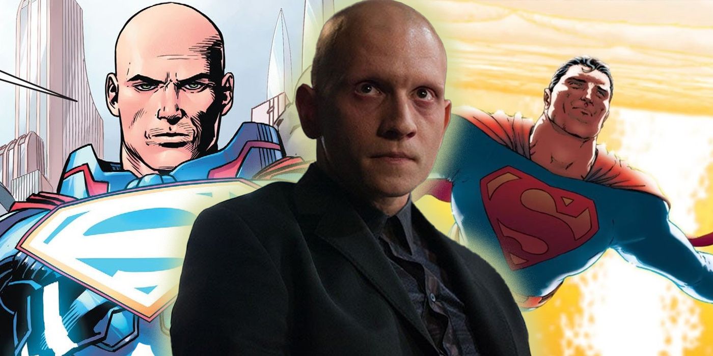 Comic versions of Lex Luthor and Superman with Anthony Carrigan as Gotham's Zsasz in the middle.