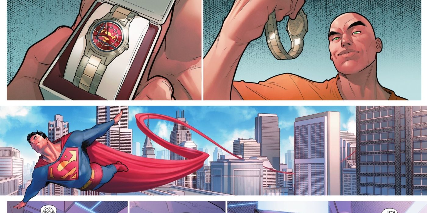 Lex Luthor sorri para seu novo Signal Watch enquanto Superman voa para longe