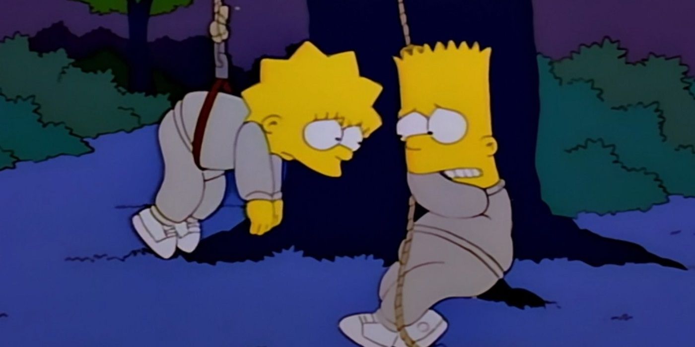 Lisa pendurada em uma corda com Bart segurando-a em Os Simpsons