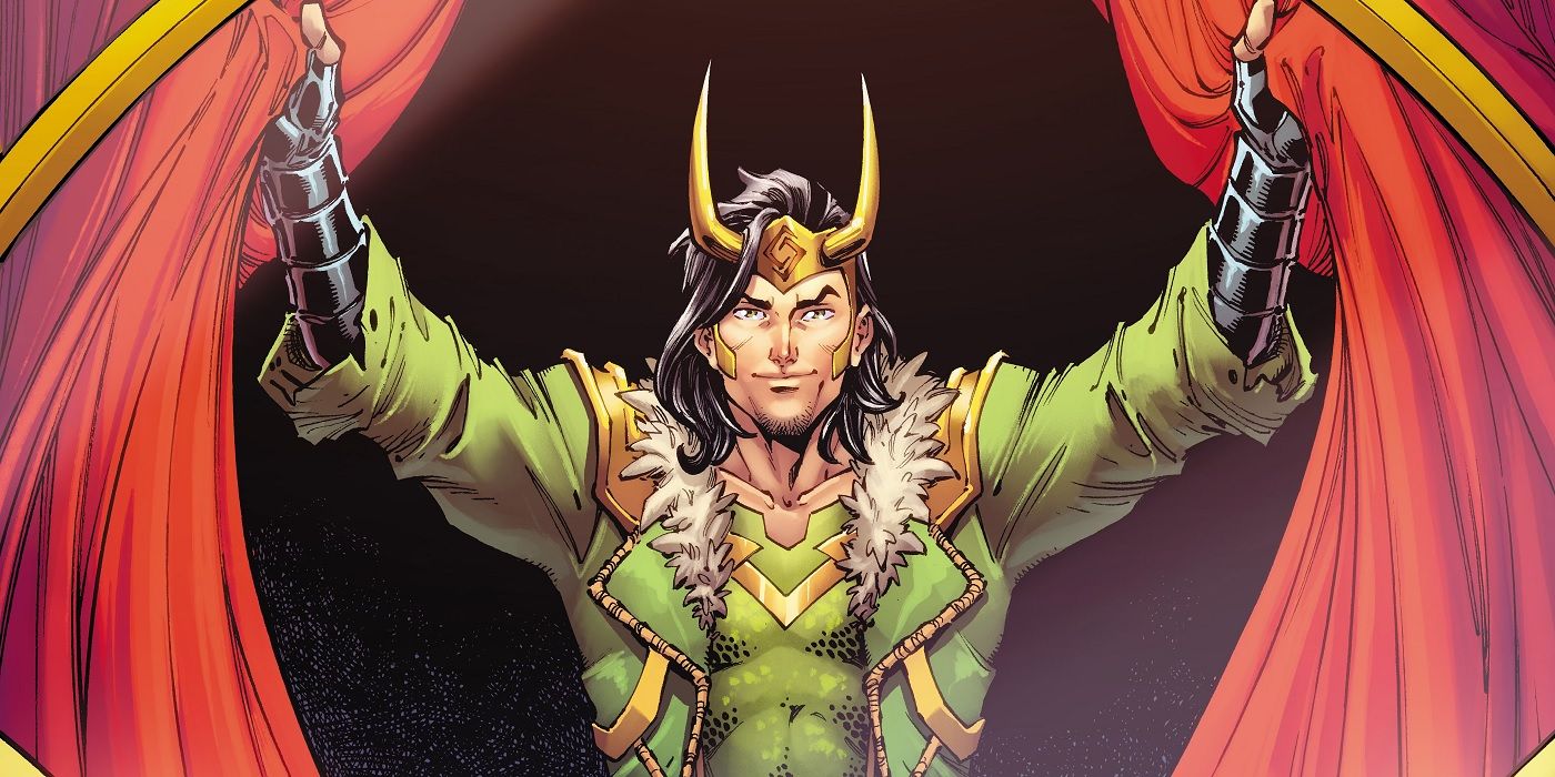 Loki holding open curtains while wearing his crown