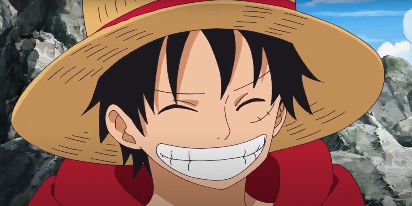 Luffy grins his famous grin in One Piece.