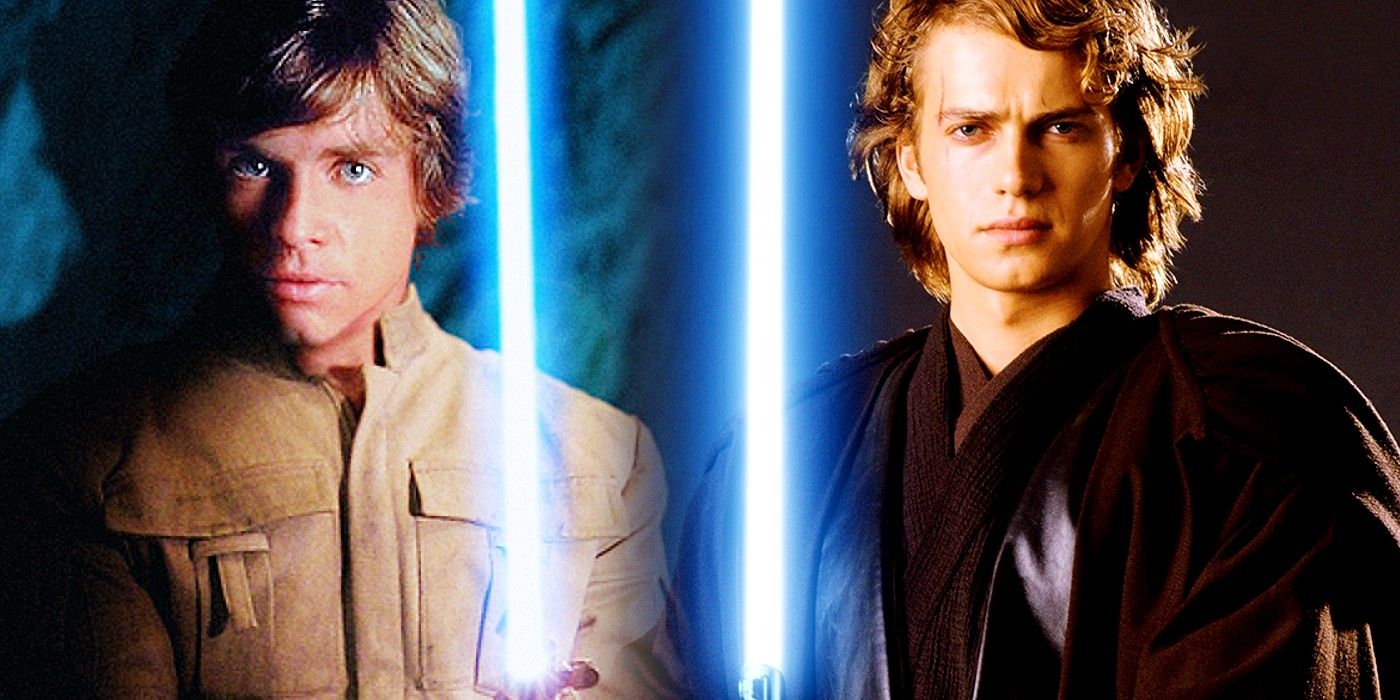 Luke and Anakin Skywalker pose with their lightsabers in Star Wars