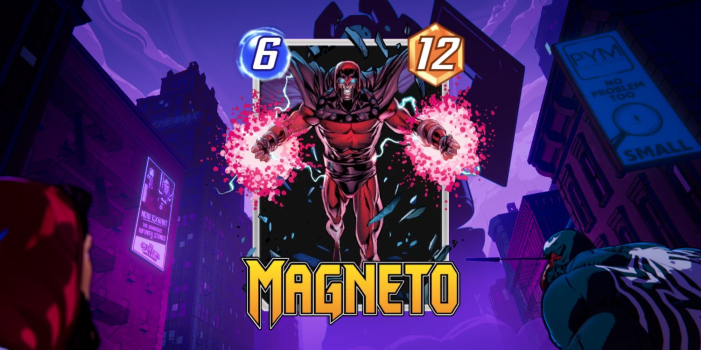 O cartão de Magneto em um fundo promocional no Marvel Snap