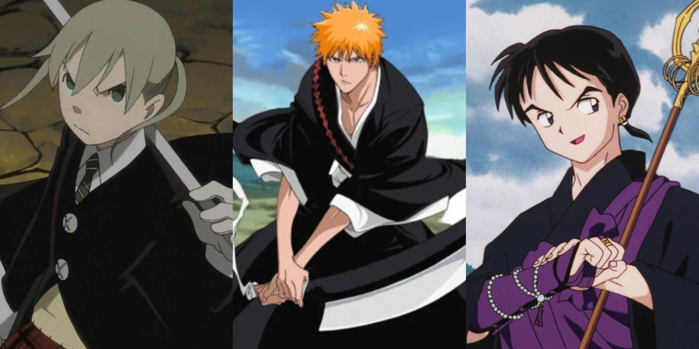 Maka Albarn from Soul Eater (left), Ichigo Kurosaki from Bleach (center), and Miroku from Inuyasha (right)