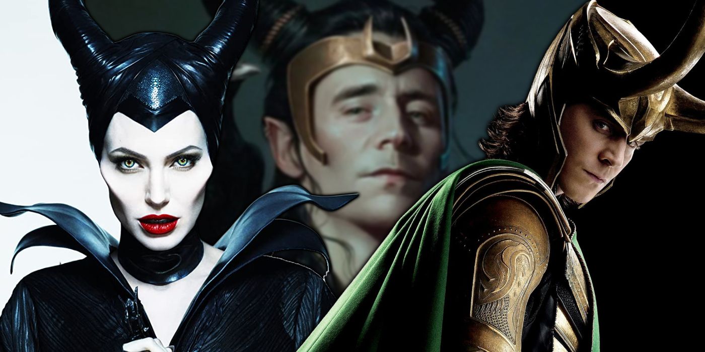 Maleficent and Loki in front of mashup artwork